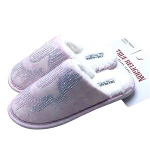 True Religion Womens Pink Denim Sparkle Rhinestone Faux Fur House Slippers